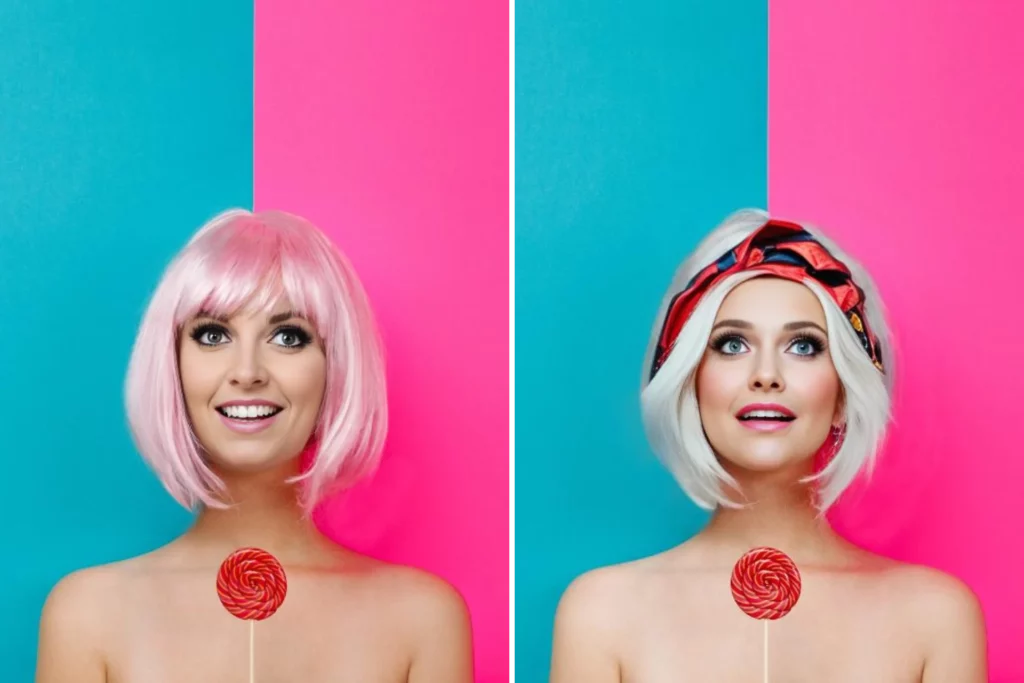 Two women wearing wigs and lipstick, posing for a picture with pink and blue backgrounds. One face is edited with EraseID