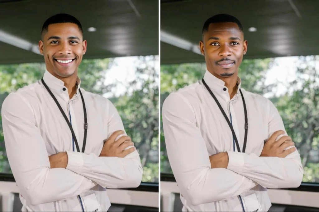 An AI-generated male face with different expression to be replaced in the original picture.