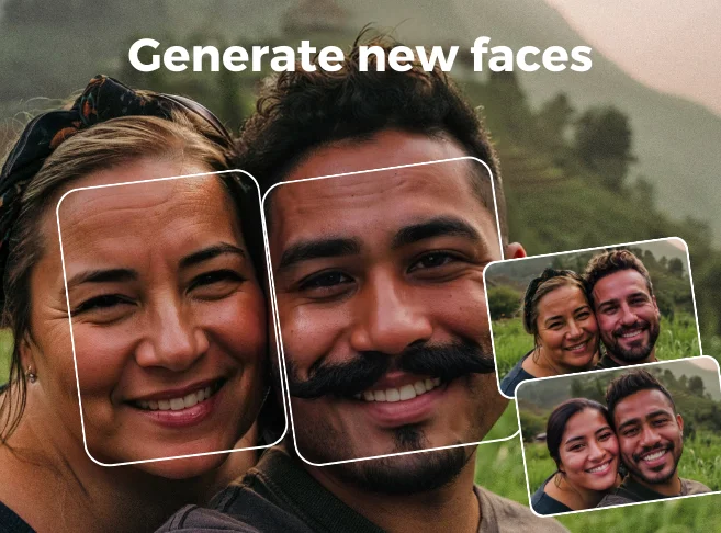 Two different versions of AI-generated faces for a couple selfie with various looks and expressions to be replaced in the original picture.