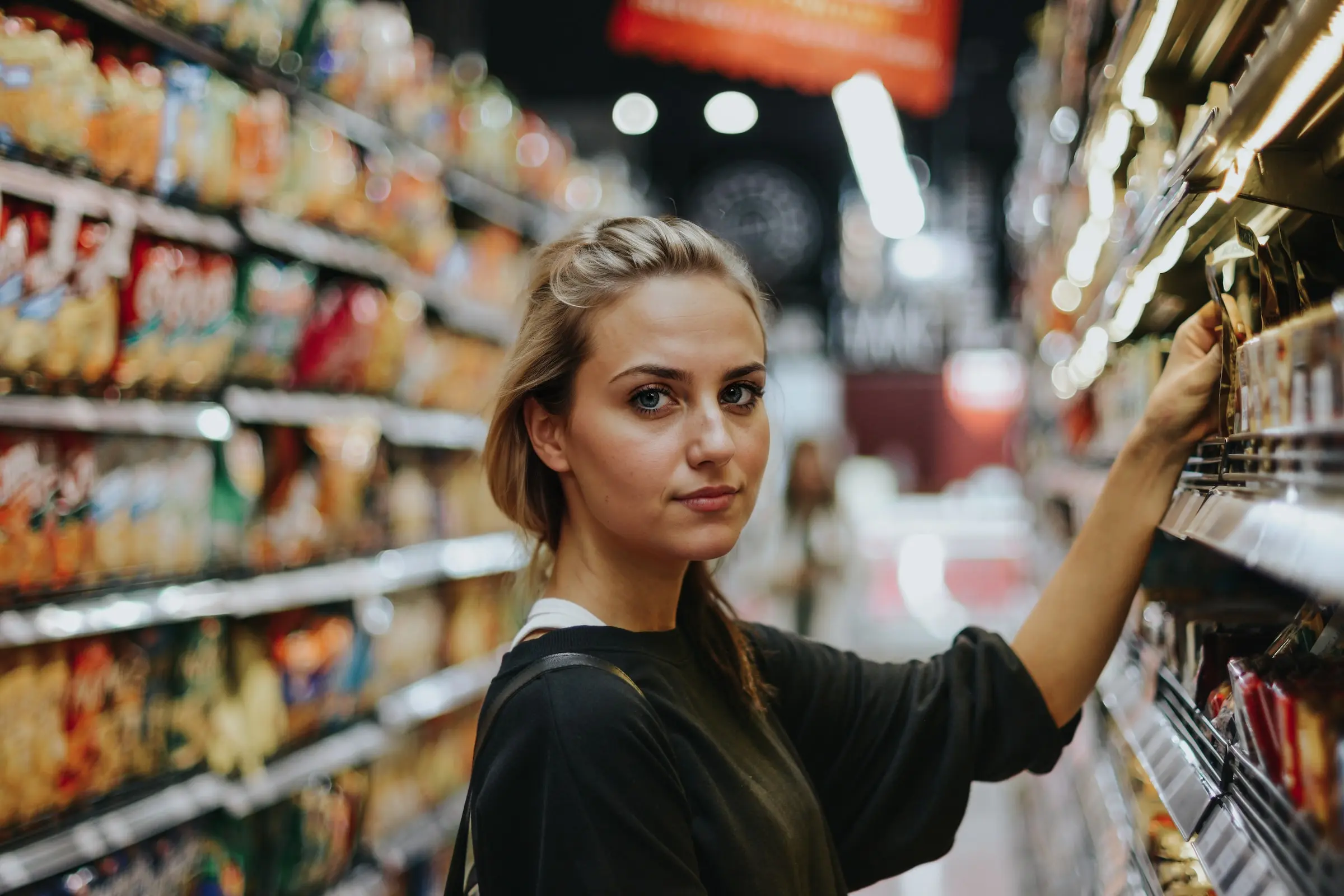 woman in supermarket. Generative face fill