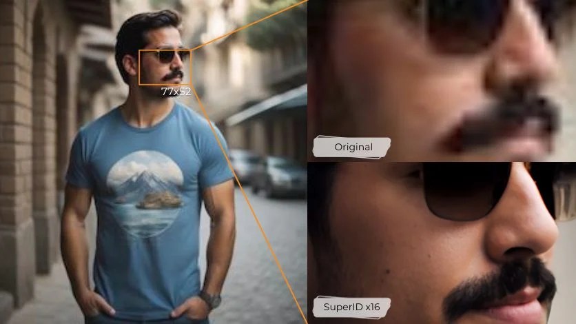 SuperID upscales images of low resolution up to 16x, providing super high-quality facial details like skin and beard.