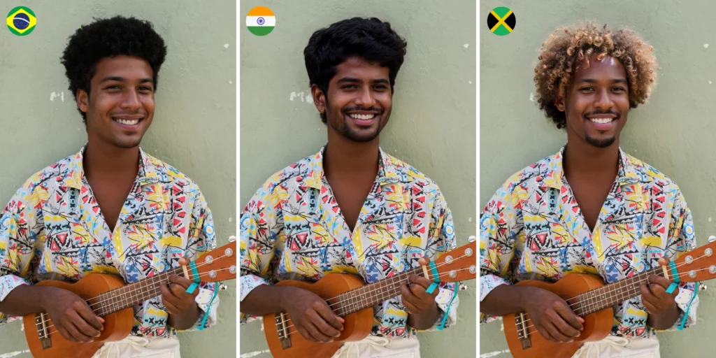 Three men with different faces and hairstyles, holding a ukulele and wearing a vibrant shirt, are depicted with their respective national flags of Brazil, India, and Jamaica. Their different ethnicities were AI-generated by EraseID.