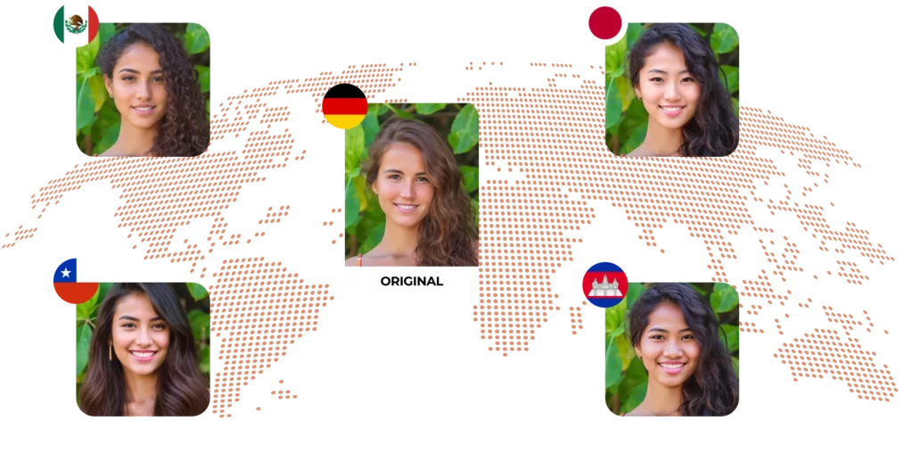 A world map illustration with pictures of diverse women with country-typical faces generated by EraseID.