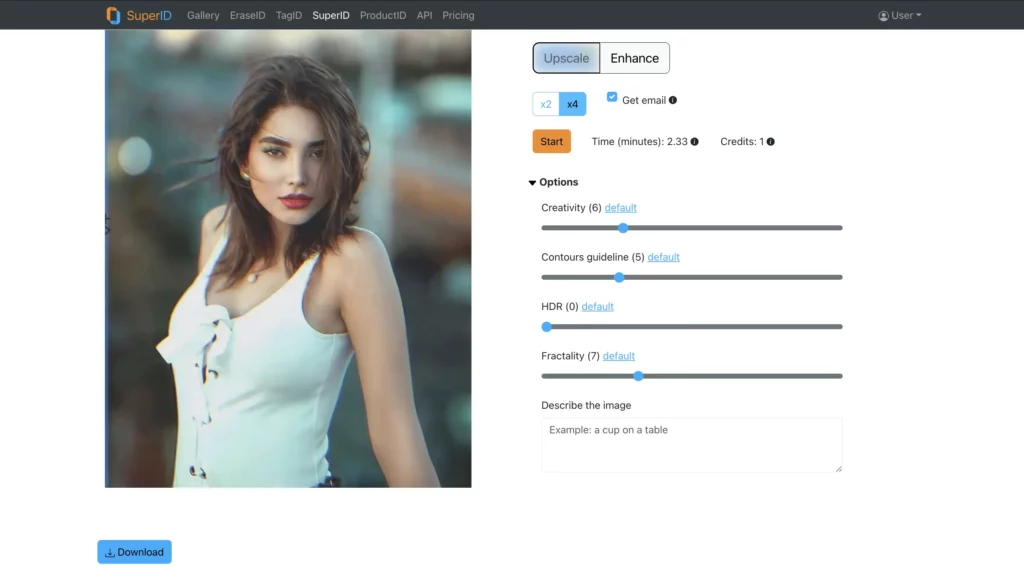 AI Quality Enhancer di SuperID, download dell'immagine di una bella ragazza in top bianco