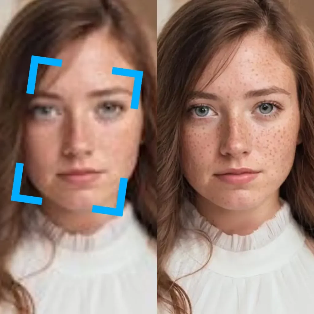 AI photo face enhancer of a lady in a white top closeup using EraseID