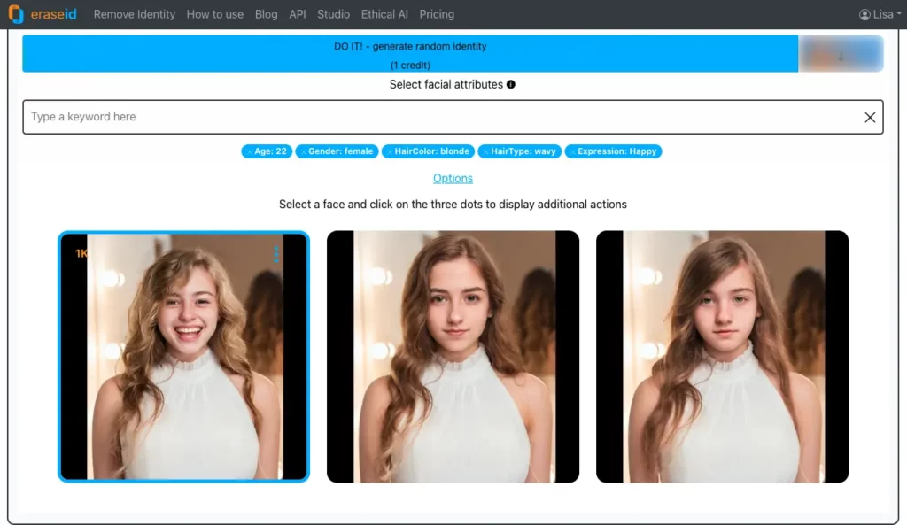 Random Face Generator by EraseID creating results of a Young Beautiful Girl