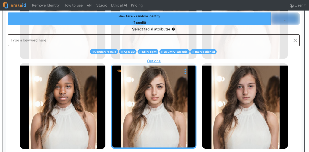 Random Face Generator by EraseID creating results of a Young Beautiful Girl