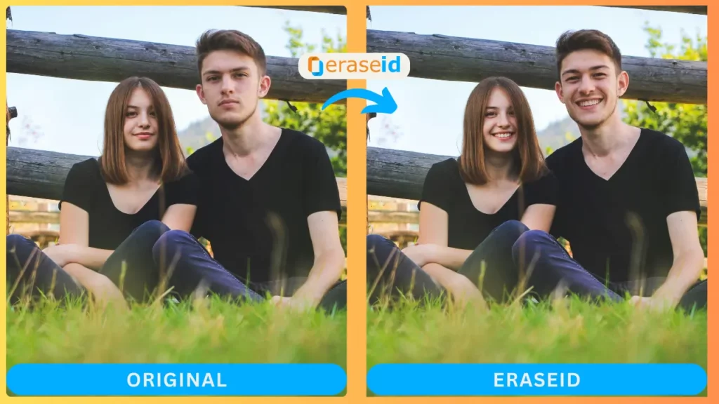 AI face modifier couple sitting on ground and smiling