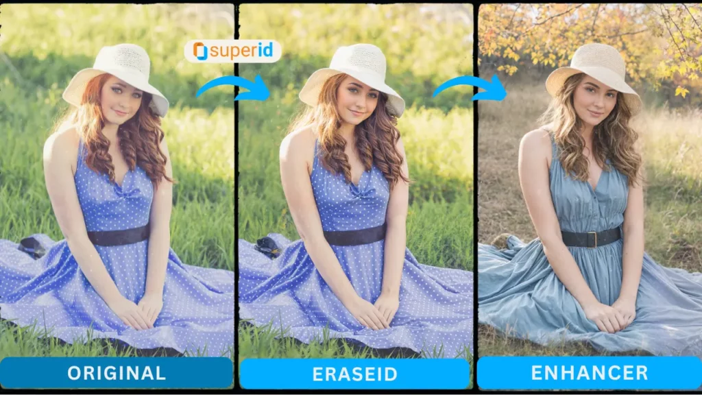 SuperID offers AI Photo Face Enhancer feature of a young girl sitting on grass