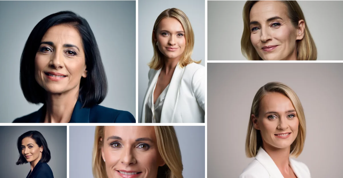 Collage de six femmes blondes, chacune portant une veste blanche. Elles posent devant l'objectif en souriant. Générateur de portraits par IA.