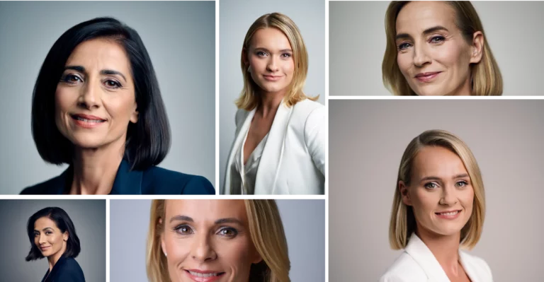Un collage di sei donne diverse con i capelli biondi, ognuna con una giacca bianca. Posano per la fotocamera e sorridono. Generatore di foto segnaletiche AI.
