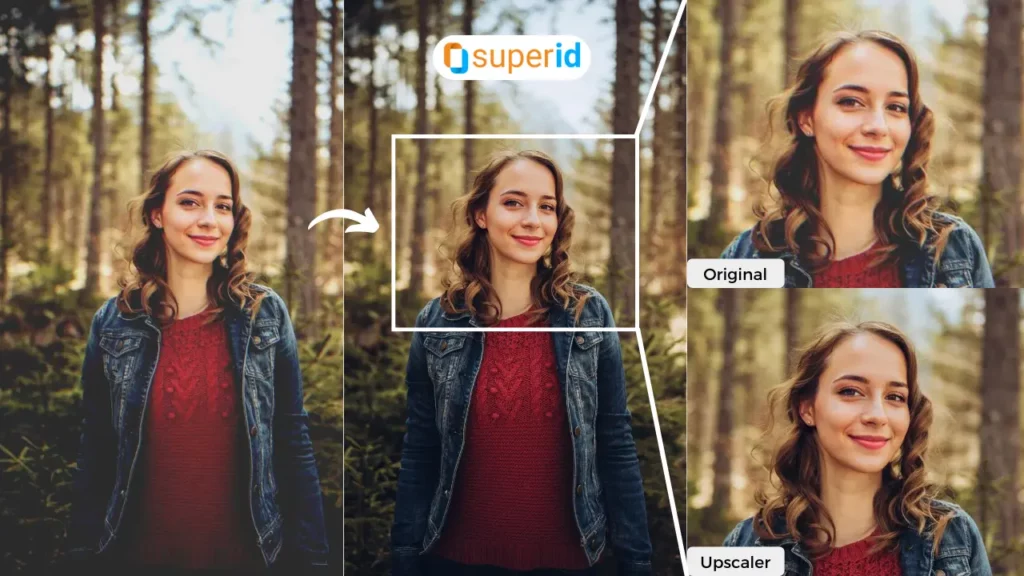 Ridimensionamento del volto AI di una donna nella foresta utilizzando SuperID Ai per migliorare la sua foto