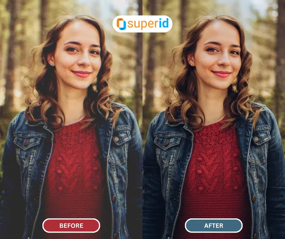 AI Face upscaler of comparison of before and after image of a girl in forest