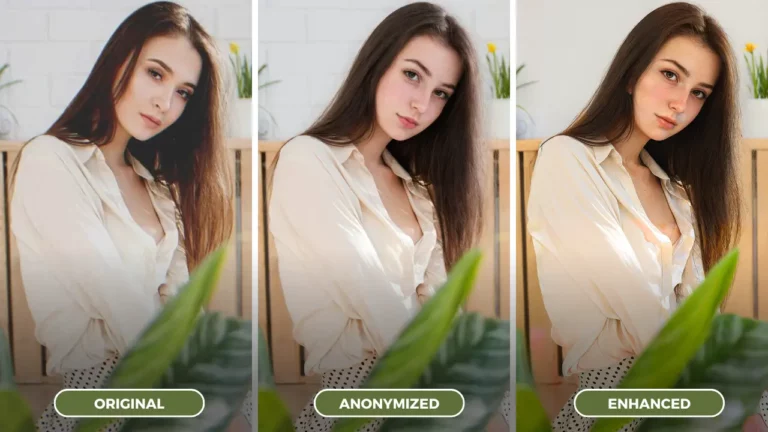 AI Face Fixer, image of a beautiful girl posing for a picture from Original to Anonymized and then Enhanced image comparision