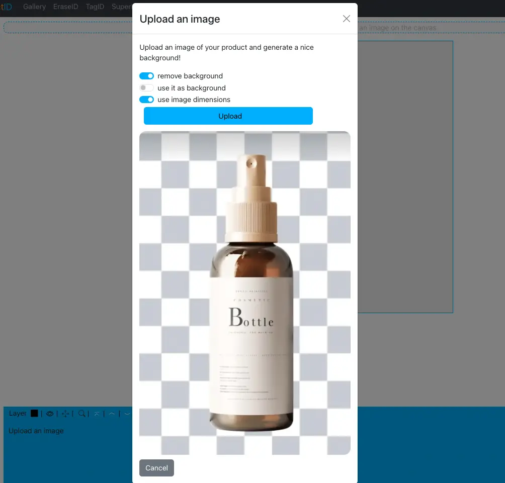 Upload your image on ProductID to create new backgrounds for your product using AI