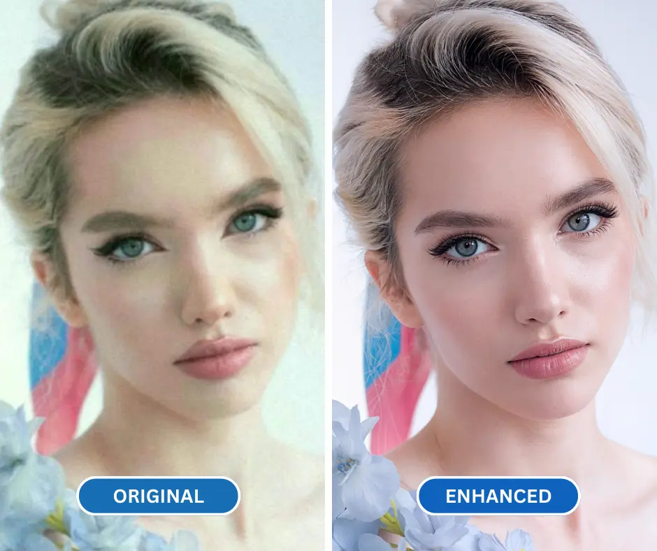 ai photo resolution enhancer before and after results of a girl's image closeup