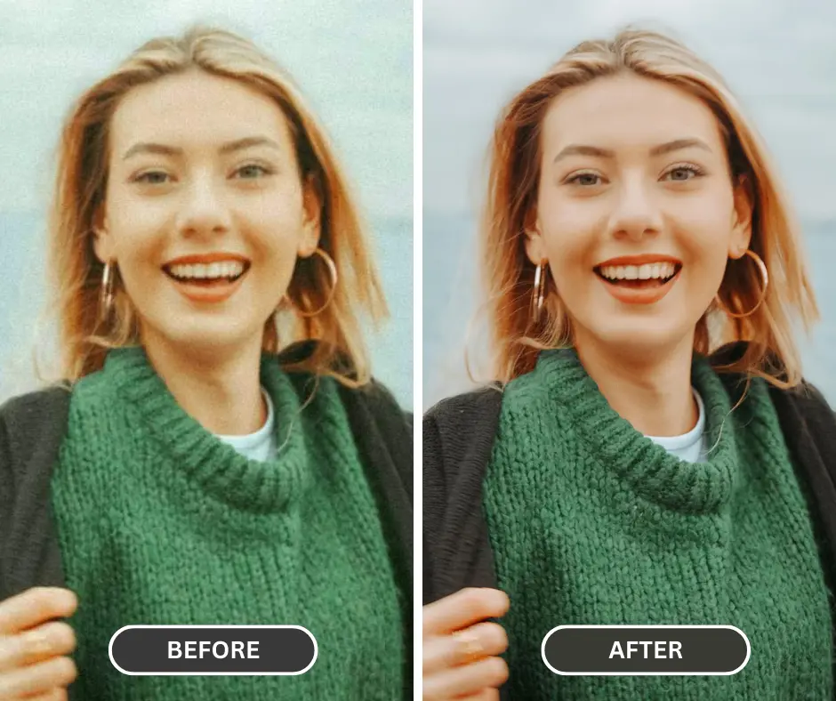 migliorare la qualità della foto di una ragazza sorridente che indossa un top verde