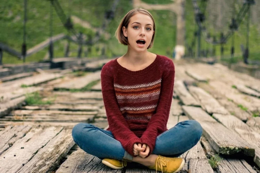 A woman wearing a red sweater is sitting on a wooden bridge with her mouth open, looking surprised or excited.