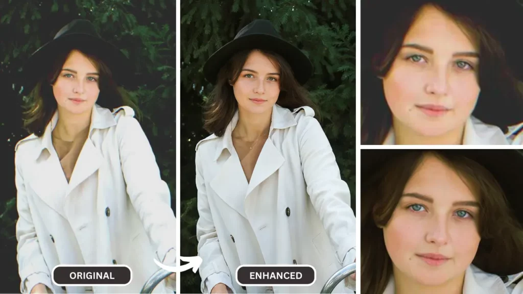 confrontando c'è un modo per migliorare la qualità dell'immagine usando l'intelligenza artificiale tramite superID su una ragazza che indossa un camice bianco e un cappello nero