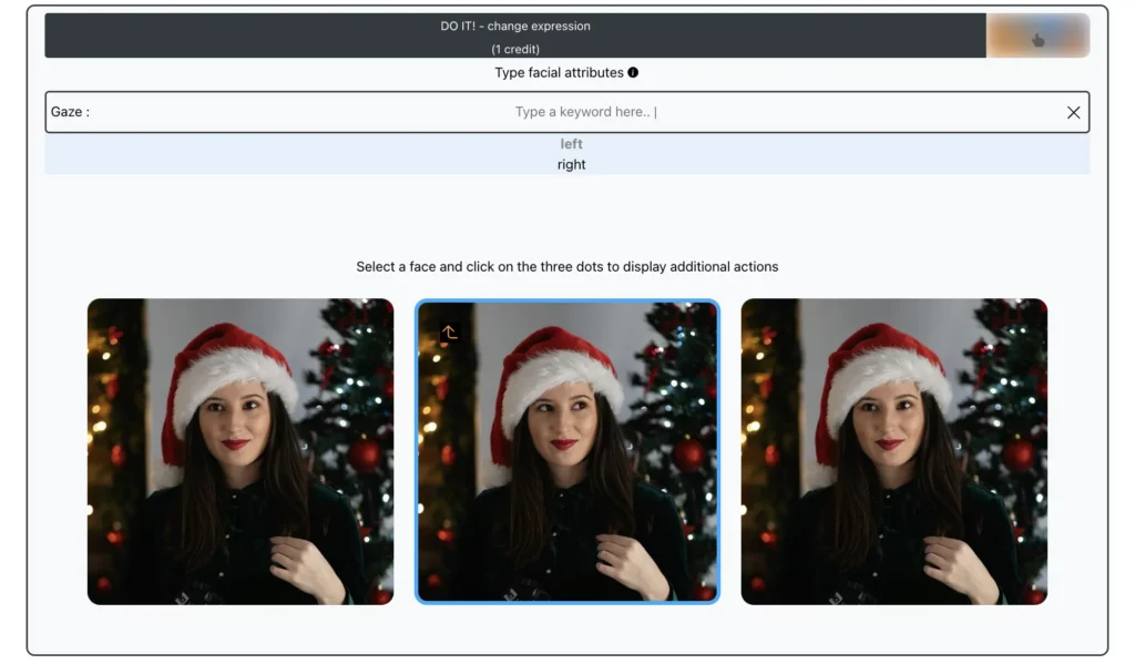 L'intelligenza artificiale cambia la direzione degli occhi di una ragazza che indossa un berretto da Babbo Natale e cambia la direzione degli occhi usando la funzione di sguardo di eraseid