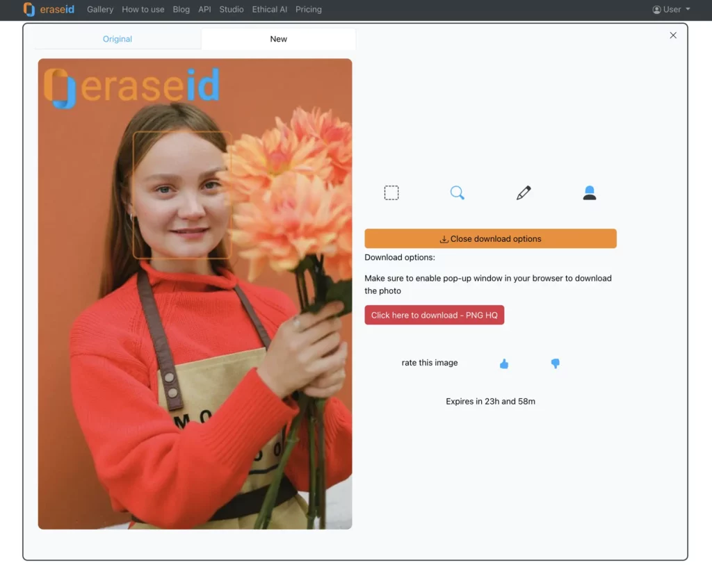 Using EraseID as your AI smile generator to create happy face of a girl holding flowers