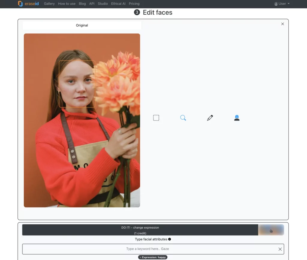 Uploading photo of a woman in red long sleeve shirt holding orange flowers on an AI Smile Generator