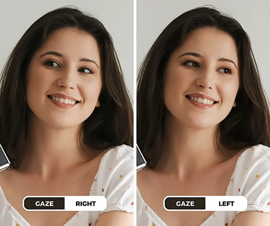 AI change eye direction, left and right direction on a girl wearing white top