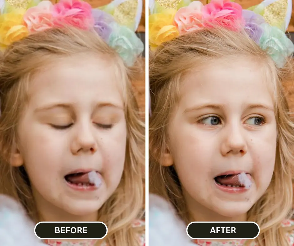 open eyes in photo app of a little girl eating candy while her eyes are closed in the before image and after that EraseID fixed the eyes to look right