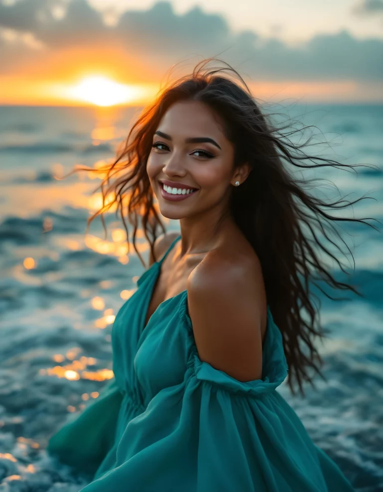 Una mujer parada en la playa al atardecer con un vestido verde.