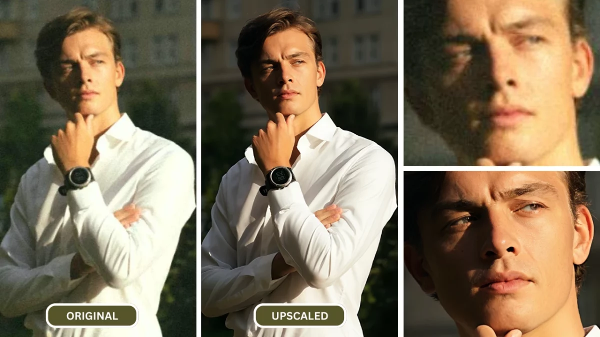 L'IA rende più nitida l'immagine usando SuperID su un'immagine di un uomo biondo che indossa una camicia bianca e un orologio