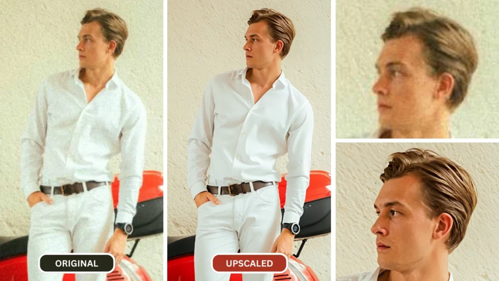 AI sharpen image of a man wearing white shirt and pant with a brown belt and watch