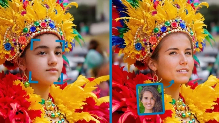 esempio di scambio di volti di una donna che indossa un costume colorato e un copricapo, prova virtuale del costume del carnevale di Rio