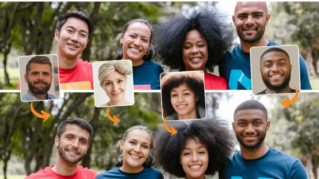 Face Swap AI of a group of friends smiling for a photo and face swapping using EraseID