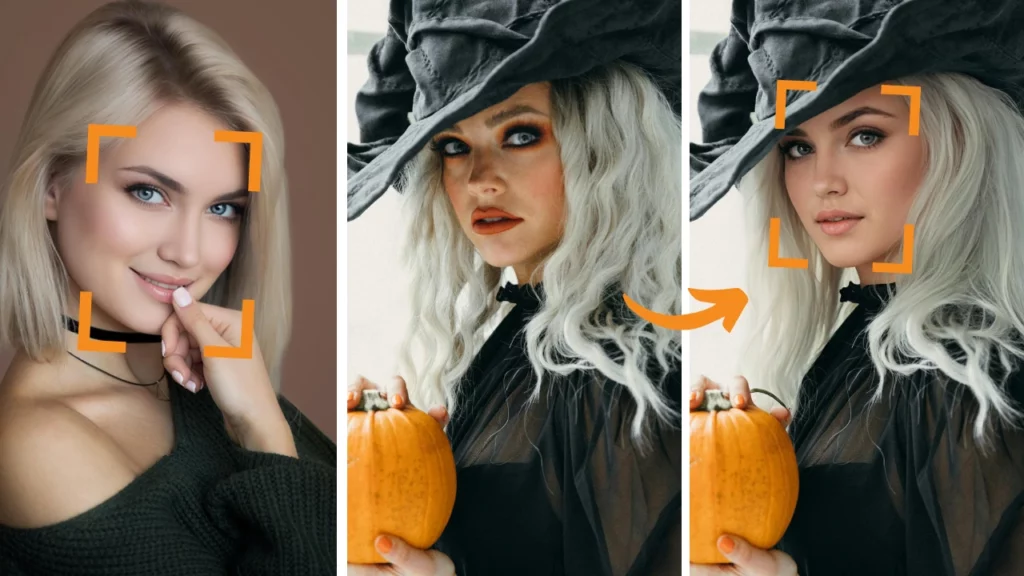 Face swap ai being used on a girl holding a pumpkin while looking at the camera