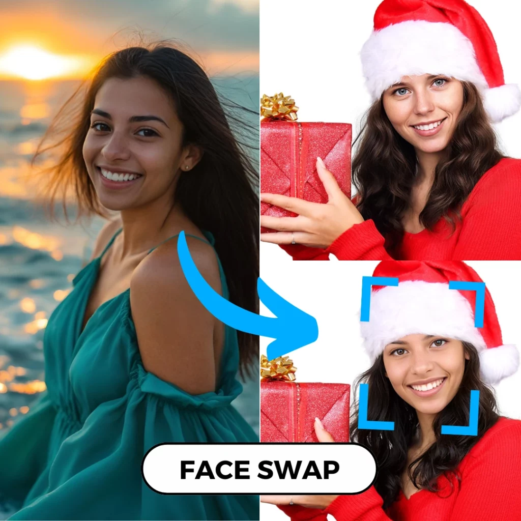 Face Swap AI of a girl on a beach face swapping to a girl holding a gift and wearing a santa hat