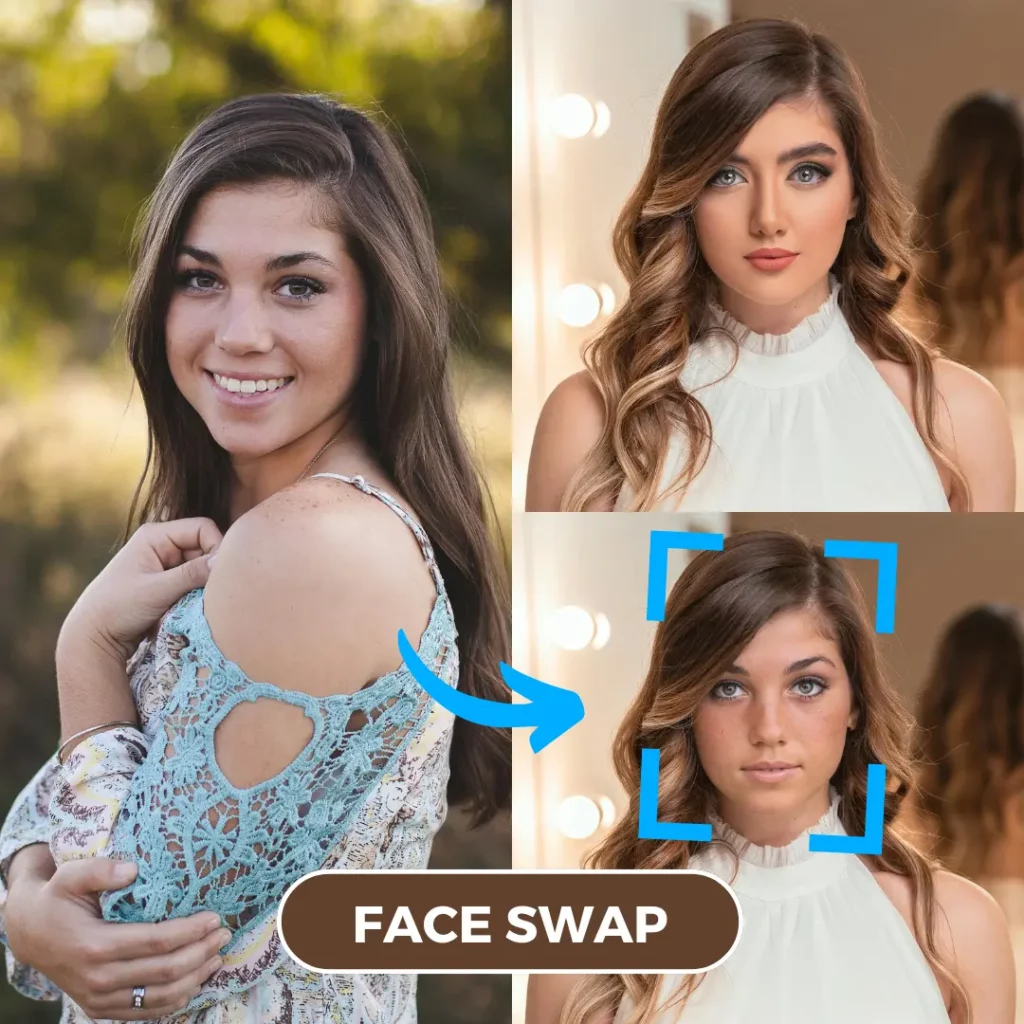 Face Swap AI di una ragazza in una foto stock sostituita da una ragazza bruna