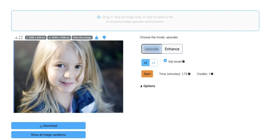 Image upscaler offered by SuperID, presenting enhanced image of a little girl