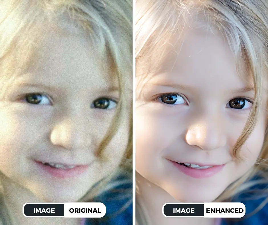 Before and after image of a little girl's closeup face by Image upscaler API