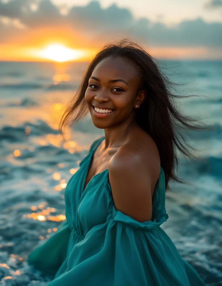 Una mujer parada en la playa al atardecer con un vestido verde.