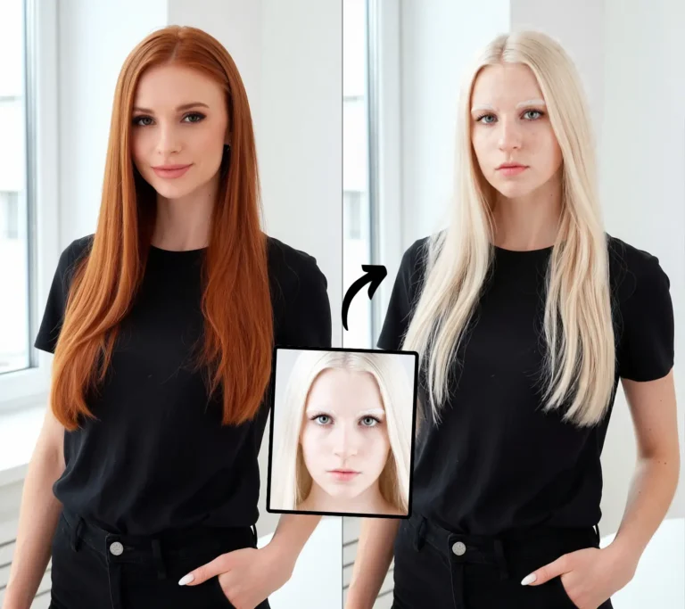 L'image montre deux femmes aux cheveux de couleurs différentes. L'une est rousse et porte un t-shirt noir, tandis que l'autre est blonde et porte également un t-shirt noir. L'image présente également une photo d'une femme blonde, placée entre les deux. Les deux femmes se tiennent devant une fenêtre, et l'image est en noir et blanc. Exemple d'échange de visages