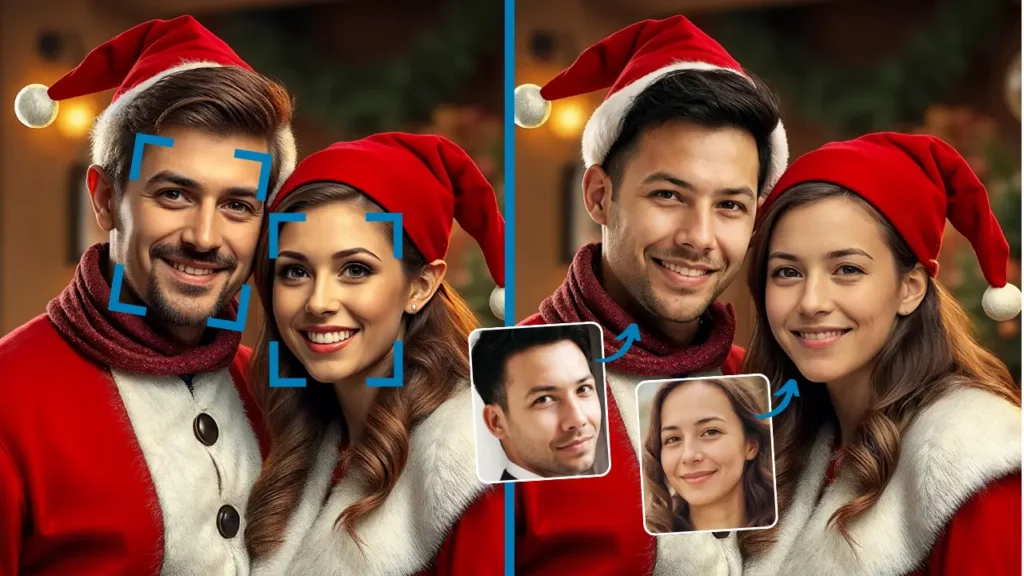 Face swapping on an image of a couple in Christmas outfits