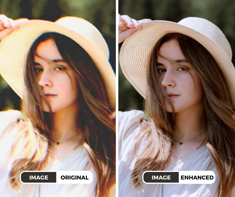 how to make a blurry picture clear of a girl wearing beige hat and white sundress while looking at the camera