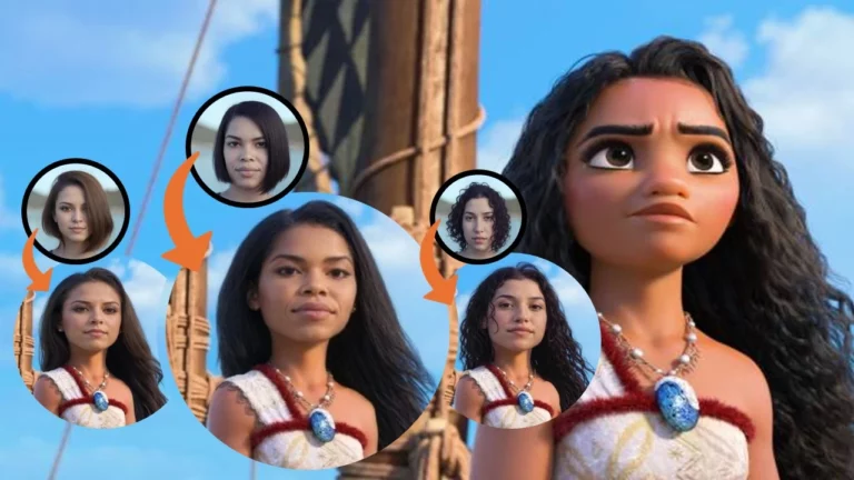 Scambio di volti di Moana Disney Animation. Esempio con tre bei volti di donne