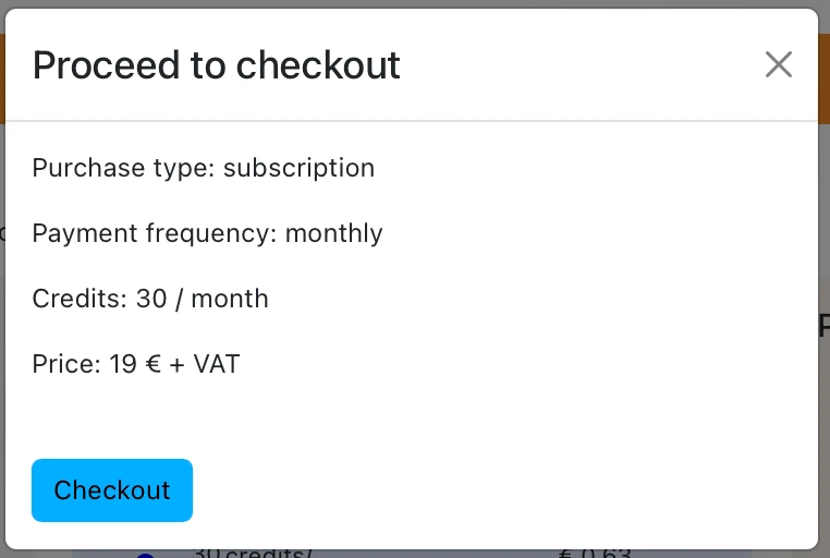 Das Bild zeigt einen Bildschirm mit einer Check-out-Seite für einen Abonnementdienst. Der Abonnementtyp ist als "monatlich" mit einer Frequenz von 30 Monaten aufgeführt.