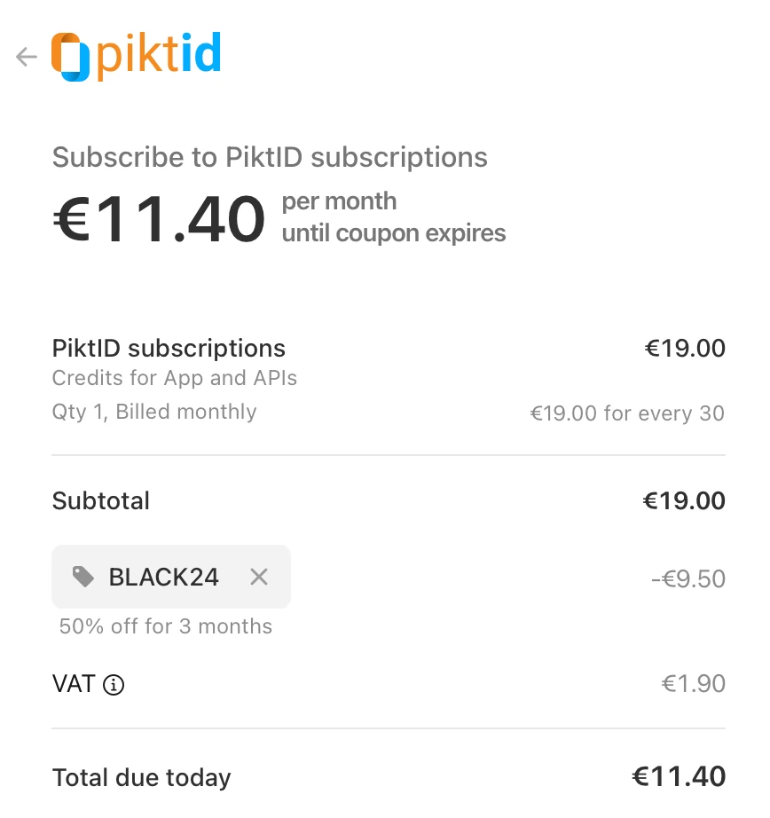 Sessione di checkout PiktID realizzata con Stripe. Mostra il codice sconto applicato e il prezzo finale scontato.