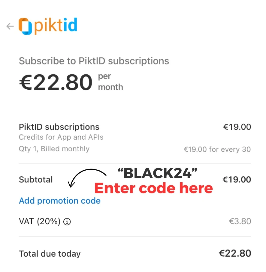 Sessione di checkout PiktID realizzata con Stripe. Mostra il pulsante per aggiungere il codice sconto.