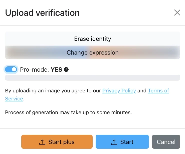 Cargar verificación por parte de EraseID solicitando elegir entre "borrar identidad" y "cambiar expresión"