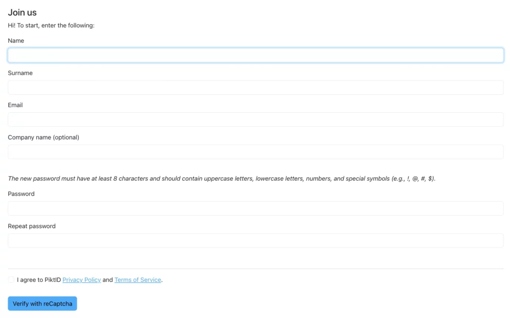 PiktID sign up page asking to join us and use the AI features