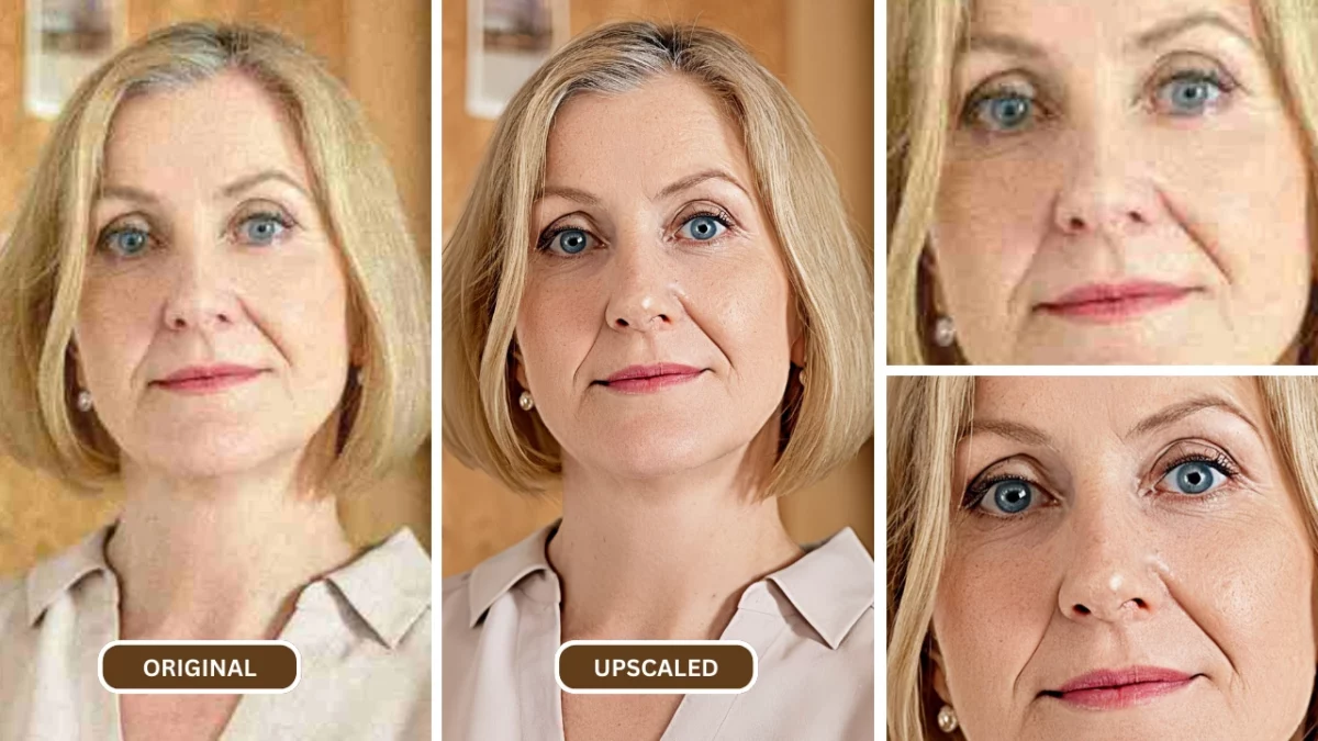 ai image sharpener being used on an image of a old woman with blue eyes and cream office shirt