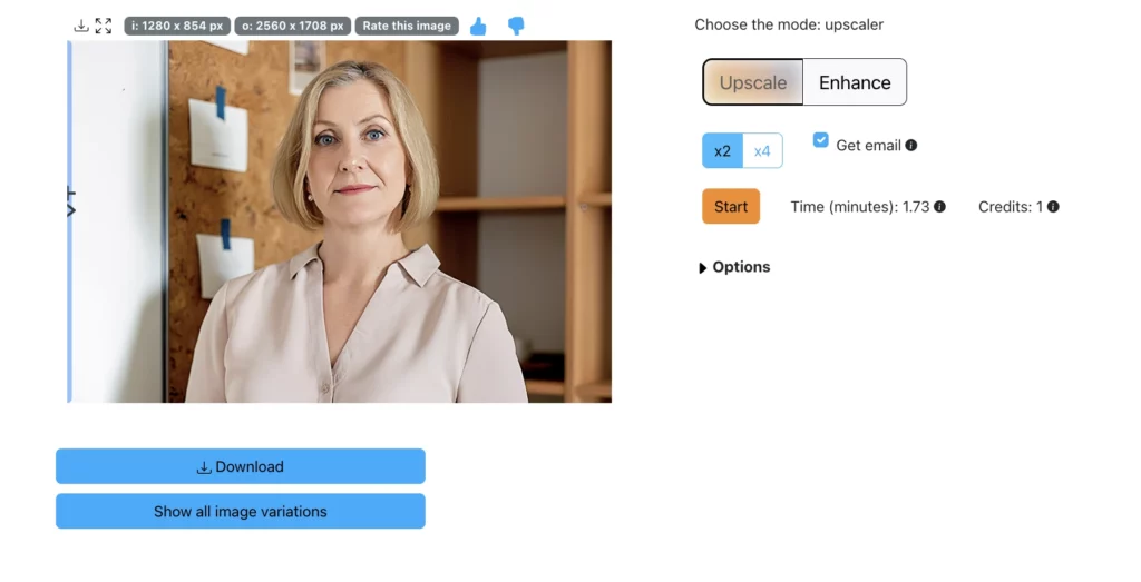 Upscaled image by SuperID's Upscaler being used on an image of a woman in office shirt with blue eyes